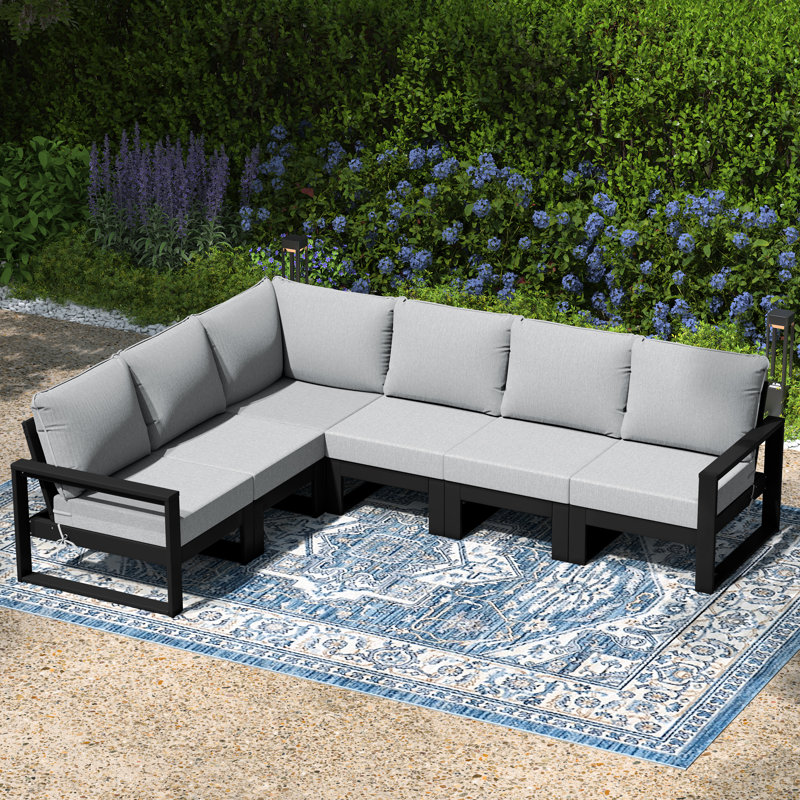 Ensemble de conversation profonde avec cadre 6 pièces pour patio, Gris clair, Noir, noir, noir, noir