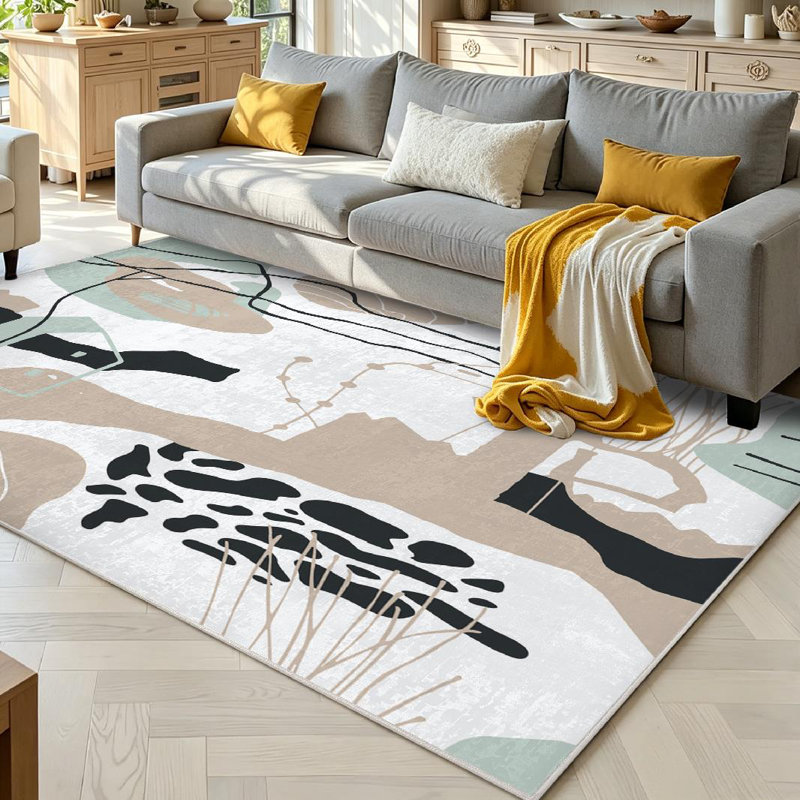 Clear Colorful Shapes Lines Spots Dots Modern Drawn Landscape Abstract Machine Washable Indoor Area Rug, Rectangle 71" x 98"