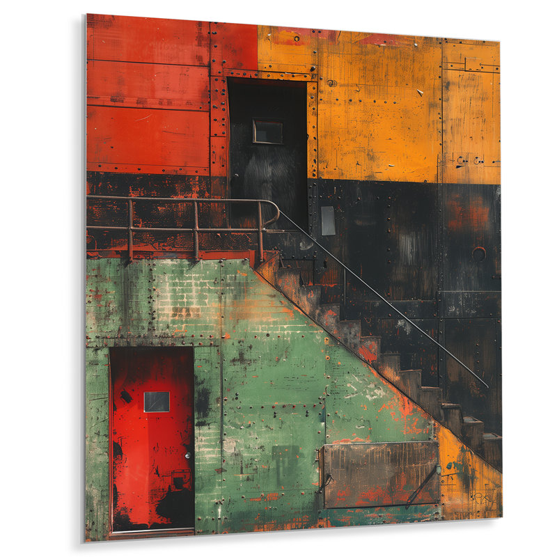 Yellow Red Commercial Charm Warehouses - Warehouses Wall Art Print, No Frame, Metal, 44" H x 34" W x 1.5" D