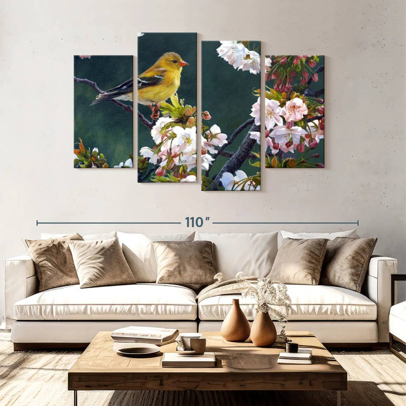 Female Goldfinch And Blossoms