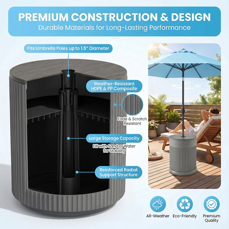 3-in-1 50Lbs PP Patio Side Table Umbrella Base with Storage, gray