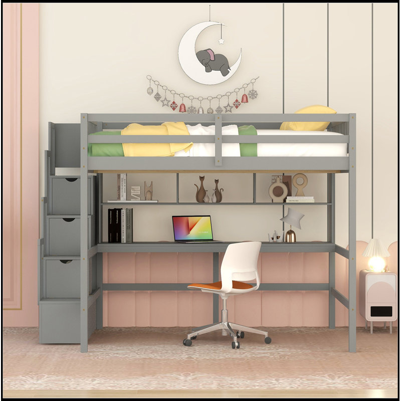 Full Size Loft Bed With Desk, Storage Shelves And Staircase,Grey, Gray