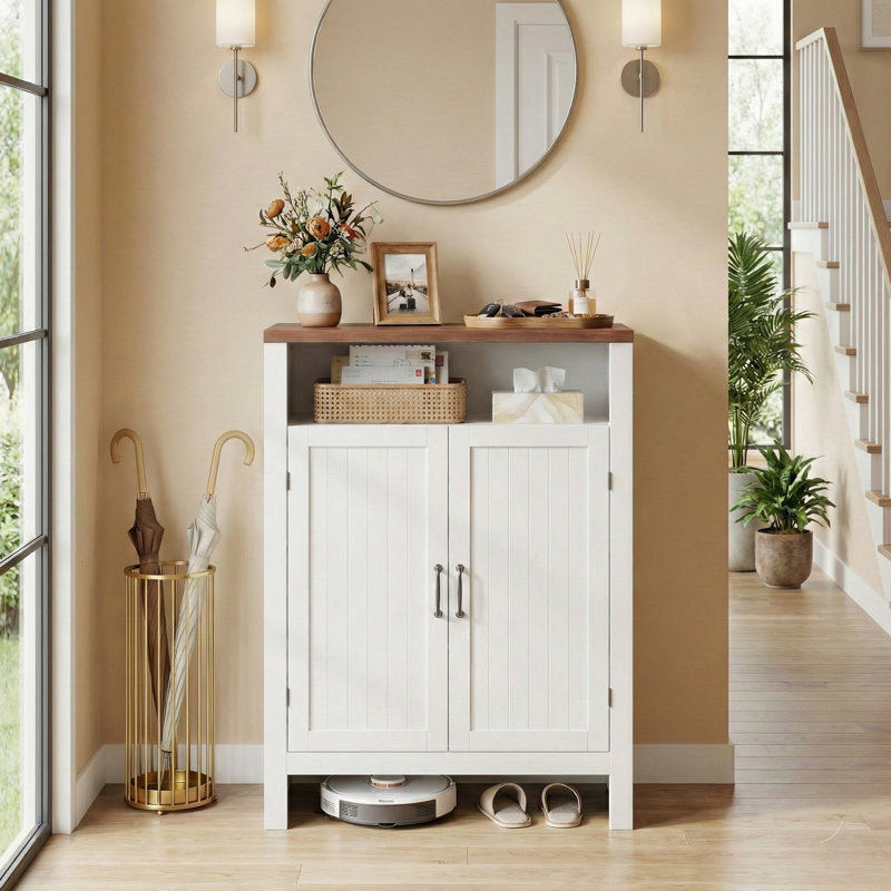 Farmhouse Shoe Cabinet With Doors, 5 -Tier Shoe Storage Cabinet With Adjustable Shelves, 43.3" Tall Shoe Rack Cabinet For Entryway, And Hallway, White