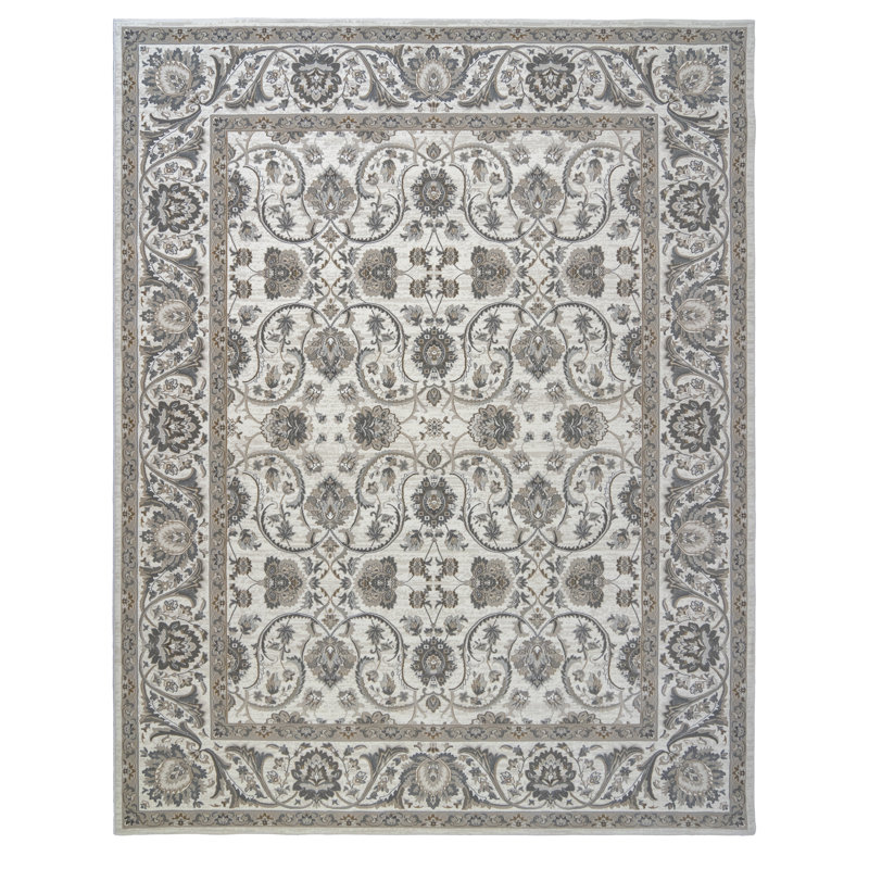 Majestic Griesemer Traditional Floral Border White Gray Polypropylene Indoor Area Rug, Rectangle 8'8" x 13'