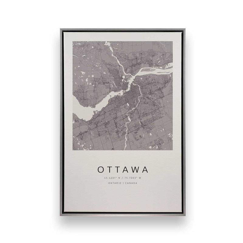 Ottawa Street Map, reproduction d'art sur toile, 32 po x 48 po, Cadre flottant en chrome poli