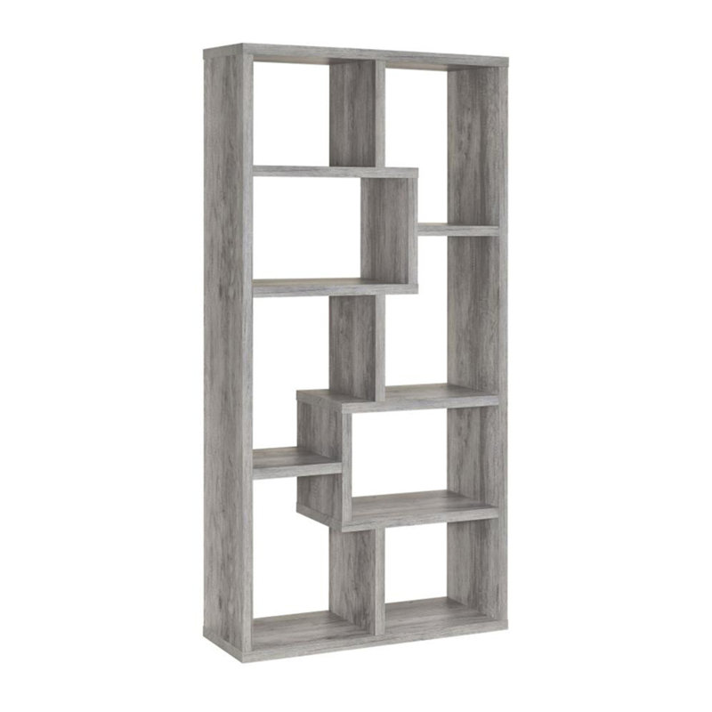 Bibliothèque géométrique à 10 tablettes au fini bois flottant gris, (10 tablettes) H 70,75 po x l 35,5 po x P 11,5 po