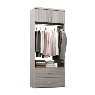 Grey Oak 25.5" Wall-Mounted Closet Section with Slab Doors, 1 Clothing Rod, 1 Shelf & 2 Slab Drawers