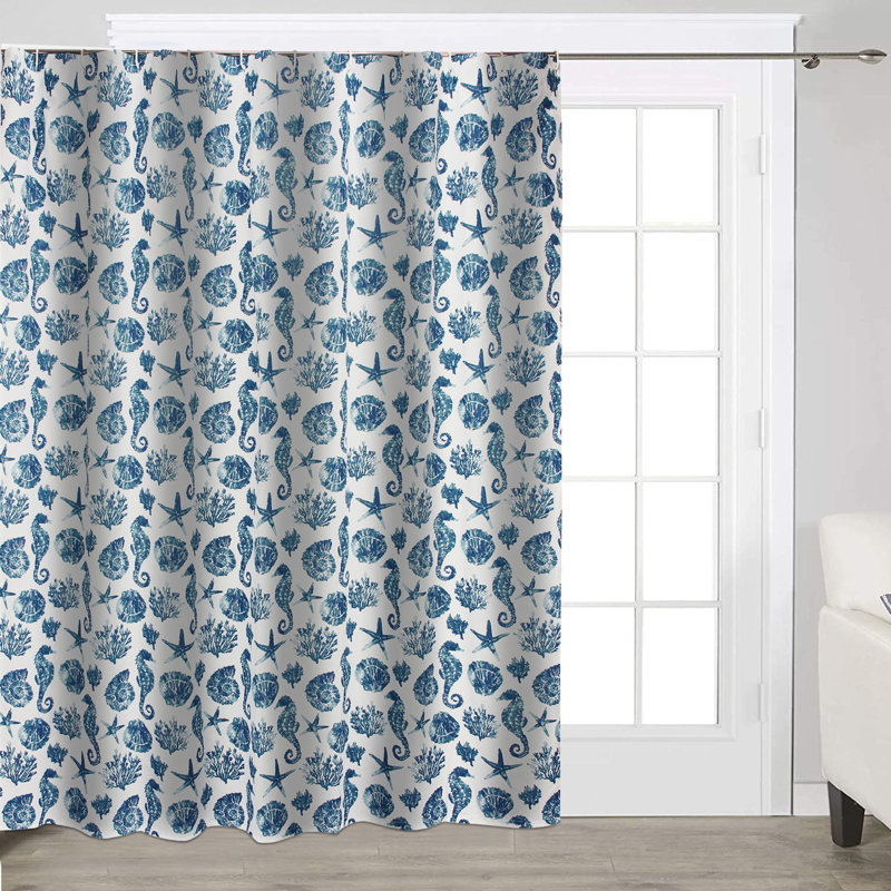  Riga Shower Curtain, Blue Seashell Print, Microfiber with Button Holes