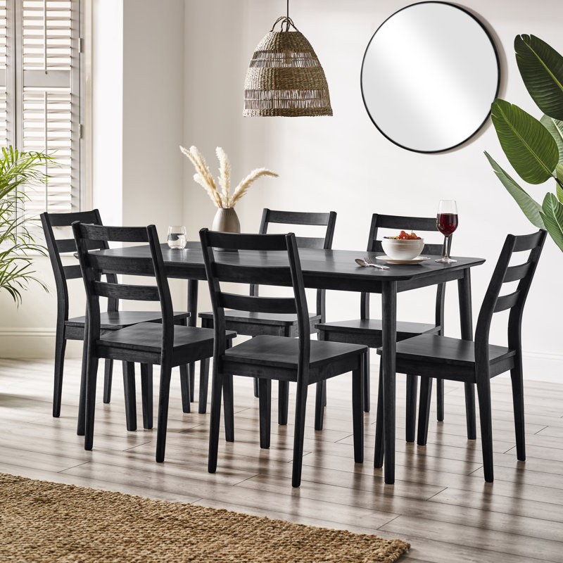 Bhawari Large Black Wooden Dining Table With 4 Chairs & Bench, 7 Pieces: Table, 6 Chairs