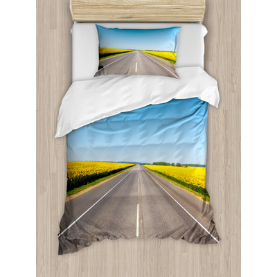 Ambesonne Yellow and Blue Duvet Cover Set, Sunflowers Road, Twin, Grey Sky Blue -  nev_34751_twin