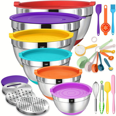 Mixing Stainless Steel Bowls With Airtight Lids 26Pcs Set, 3 Grater Attachments, Non-Slip Bottom