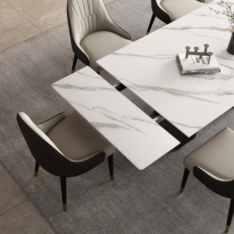 Raliect Dining Table Set With 94.5” Extendable Sintered Stone Table and 8 Faux Leather Chairs, Beige
