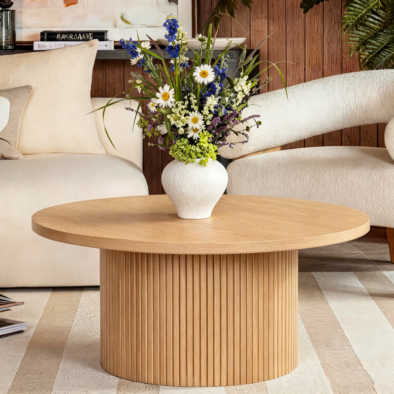 Charleily Solid Wood  Coffee Table Pedestal Round Sofa Side Table, Natural, 45cm H x 90cm W x 90cm D