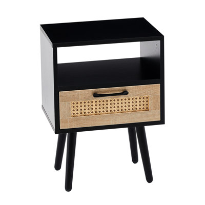 Modern Rattan End Table with Power Outlet and USB Ports Wood Legs Nightstand Bedroom Living Room