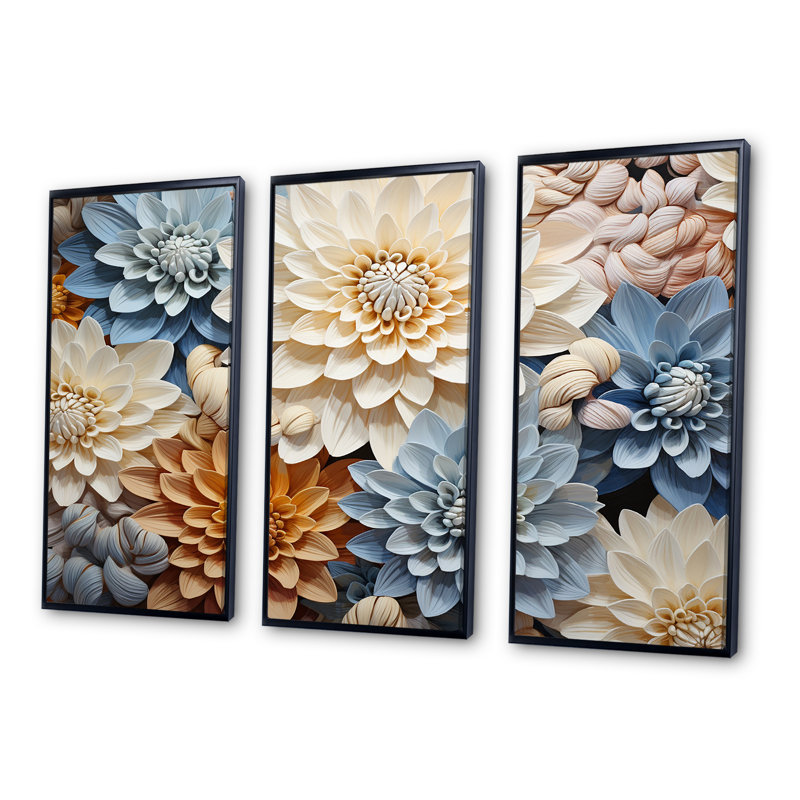 «Simplicity Mums Bloom» en beige et bleu pâle - ensemble d'art sur toile Mums, Cadre flottant noir