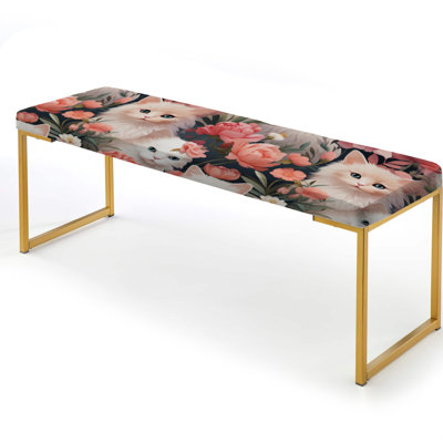 Floral Felines Delights - Floral Upholstered Gold Bench