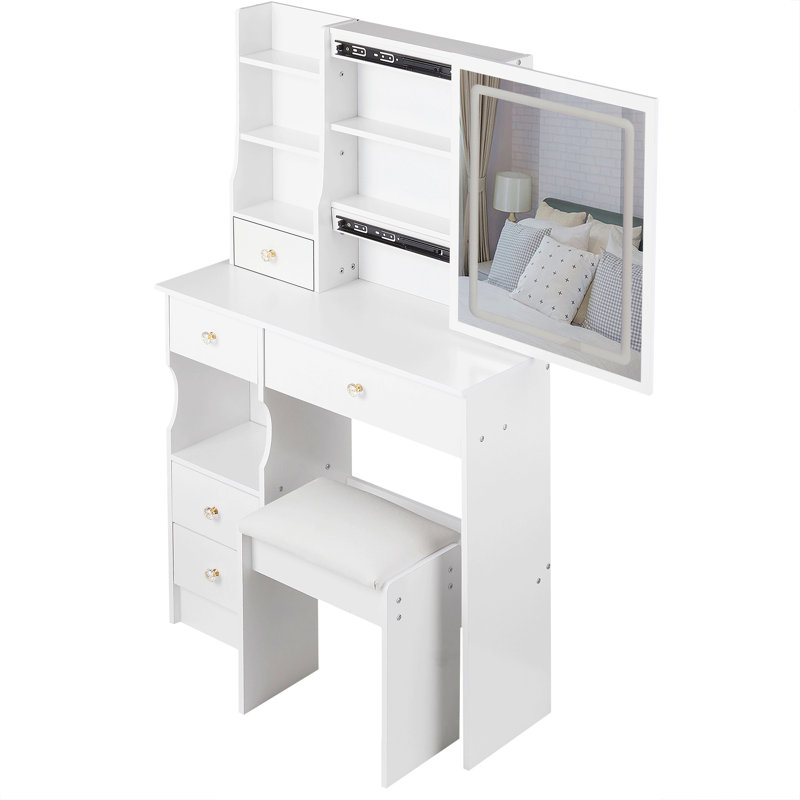 29.2" Small Size Left Drawer Desktop Vanity Table + Cushioned Stool, Large Sliding, Touch Control, Tri-Color Switching, Brightness Adjust Led Mirror, High Capacity Storage
