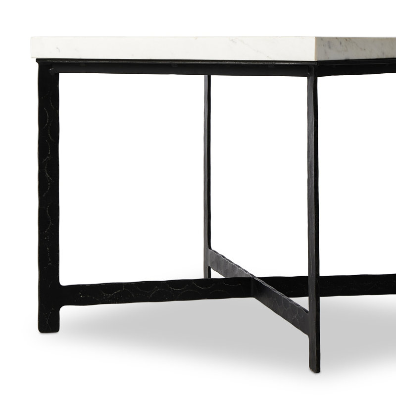 Hammered Iron End Table-White Marble, White Top/Black Base