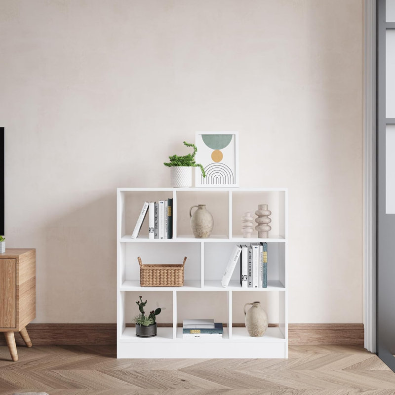 Ebern Designs Bookcase, 8 Cube Open Storage Organizer Display Bookshelf, Ivory White, 39.4"H x 39.4"W x 11"D