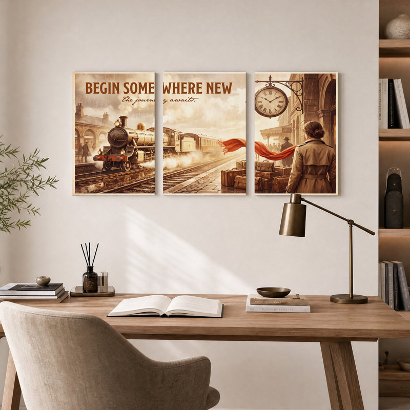 Train à vapeur vintage sur le quai de la gare Sepia avec un ensemble de 3 toiles murales, 30"H x 20"W x 3pcs