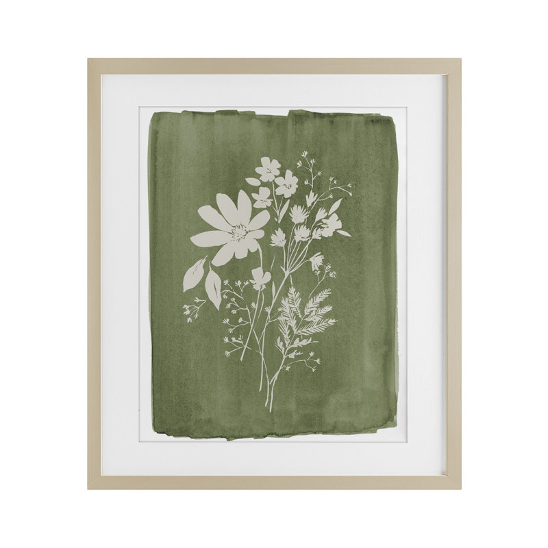 Fleurs sauvages sur fond vert olive, reproduction de verre par Stephanie Ryan, H 16 po x l 13 po, Cadre de récolte en pin