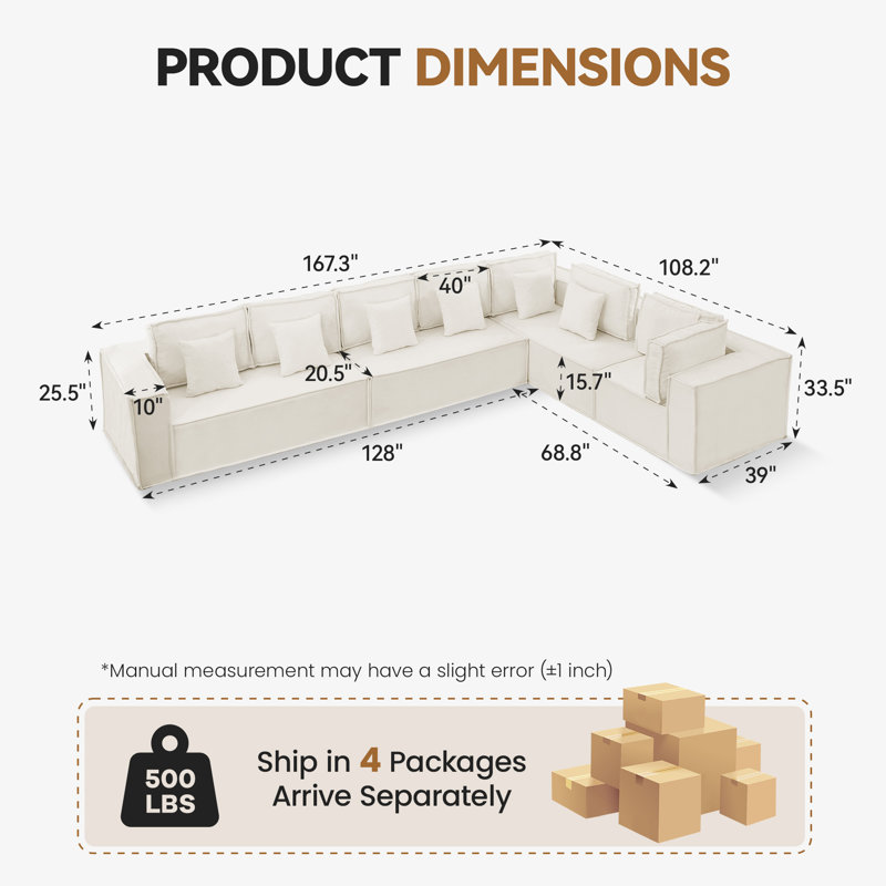 Canapé modulaire surdimensionné en forme de L de 167 po en chenille désossé de 167 po, canapé modulaire surélevé de coin à 7 sièges profonds, sans assemblage