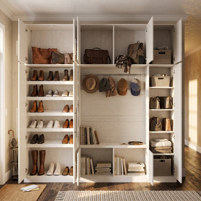 Grand porte-manteau avec miroir pleine longueur, tringle à vêtements, banc à chaussures et rangement à plusieurs niveaux