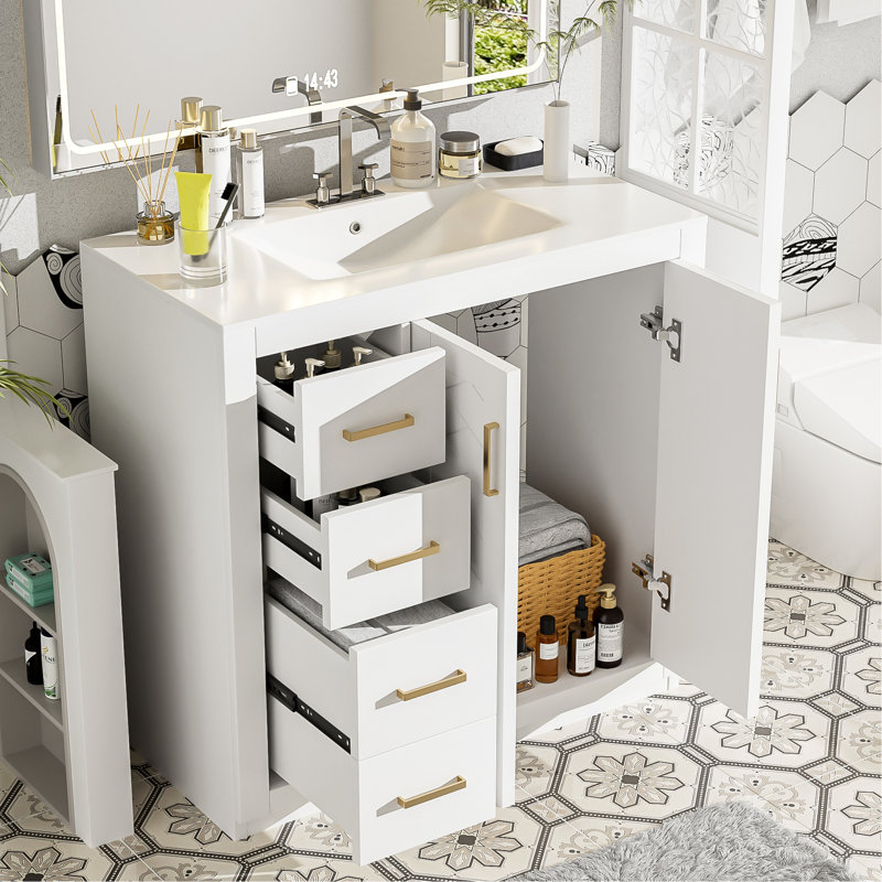 Meuble-lavabo de 36 po avec lavabo en céramique, structure en bois massif, portes, 3 tiroirs, grand espace de rangement, style rétro, poignée en métal exquis, conception moderne, glissière de tiroir lisse, facile à assembler, unique