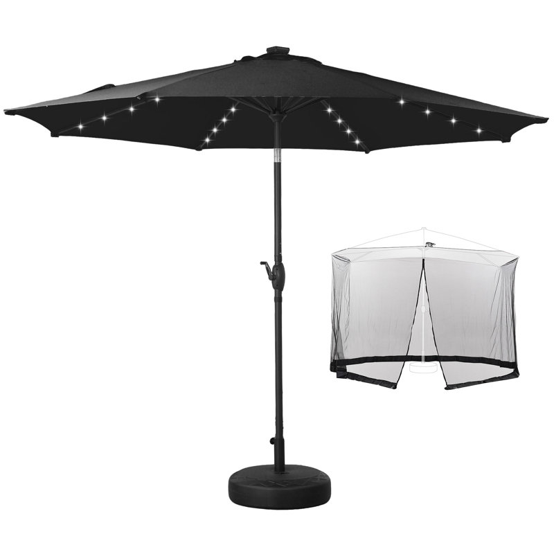 Parasol de terrasse de 3 m avec éclairage, base et moustiquaire., Noir