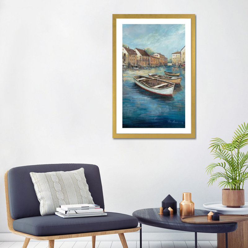 «Tranquil Harbour I» par Ruane Manning - reproduction d'art, H 32 po x l 24 po x P 1 po, Papier encadré doré, Blanc