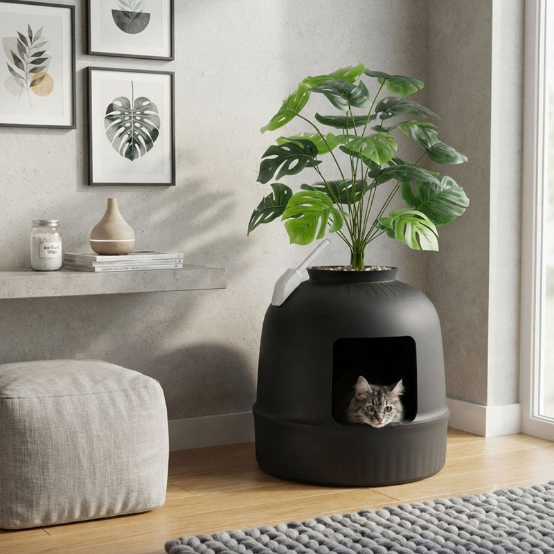 Enceinte cachée pour bac à litière, bac à litière décoratif avec filtre à charbon, fausse plante et pelle