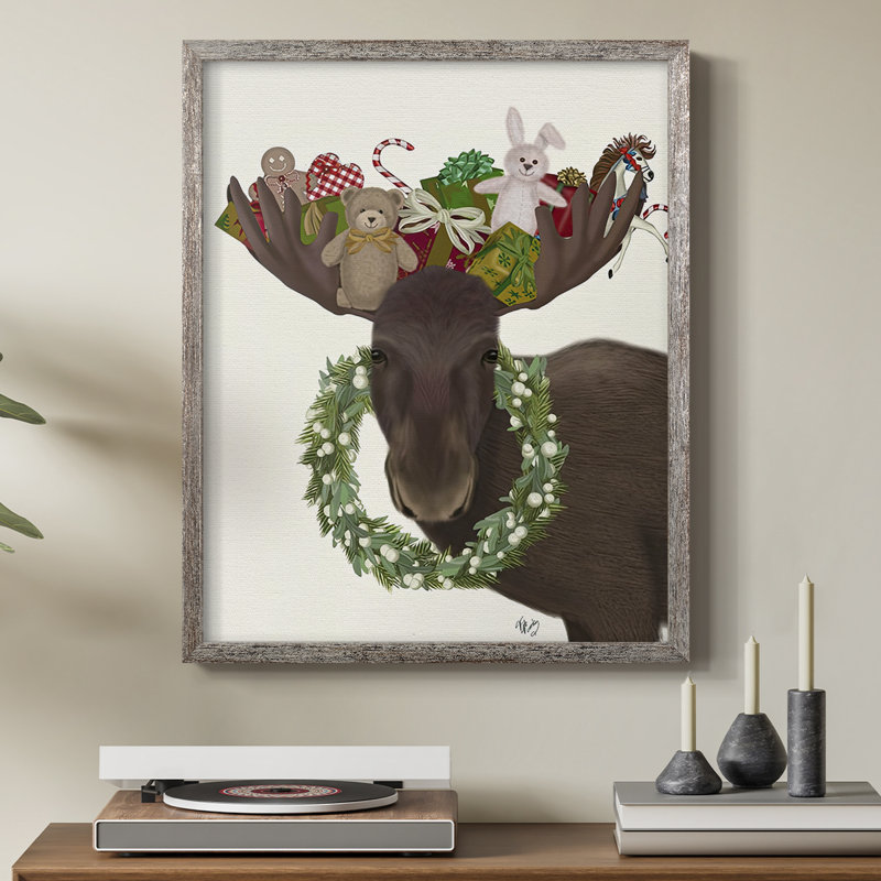 «Christmas Moose and Christmas Gift», reproduction encadrée - bois massif, H 30 po x l 24 po