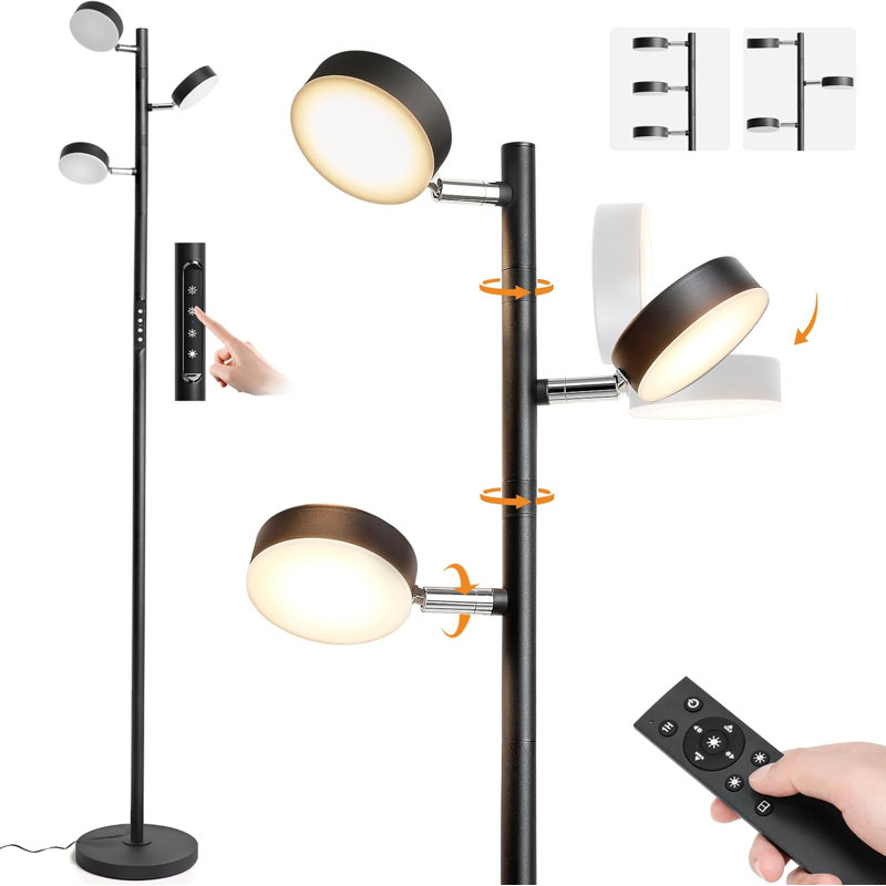 Lampe sur pied Modern Tree, à intensité variable avec télécommande et commande tactile, 3 lumières rotatives, 4 températures de couleur, lampe sur pied haute