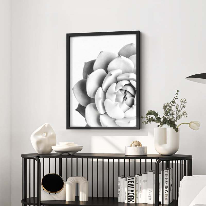 Noir et blanc, plante grasse, tranquillité, Illustration de la nature, petite œuvre d'art, Blanc, H 14 po x l 11 po