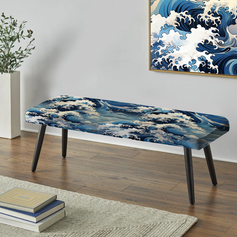 Hokusai Waves Japanese Pattern - Coastal Upholstered Black Bench