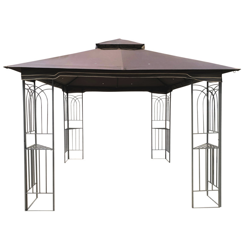 Pavillon de jardin 10X10 avec double toit ventilé et filet anti-insectes, pour jardin, terrasse, brun, auvent, cour arrière, terrasse