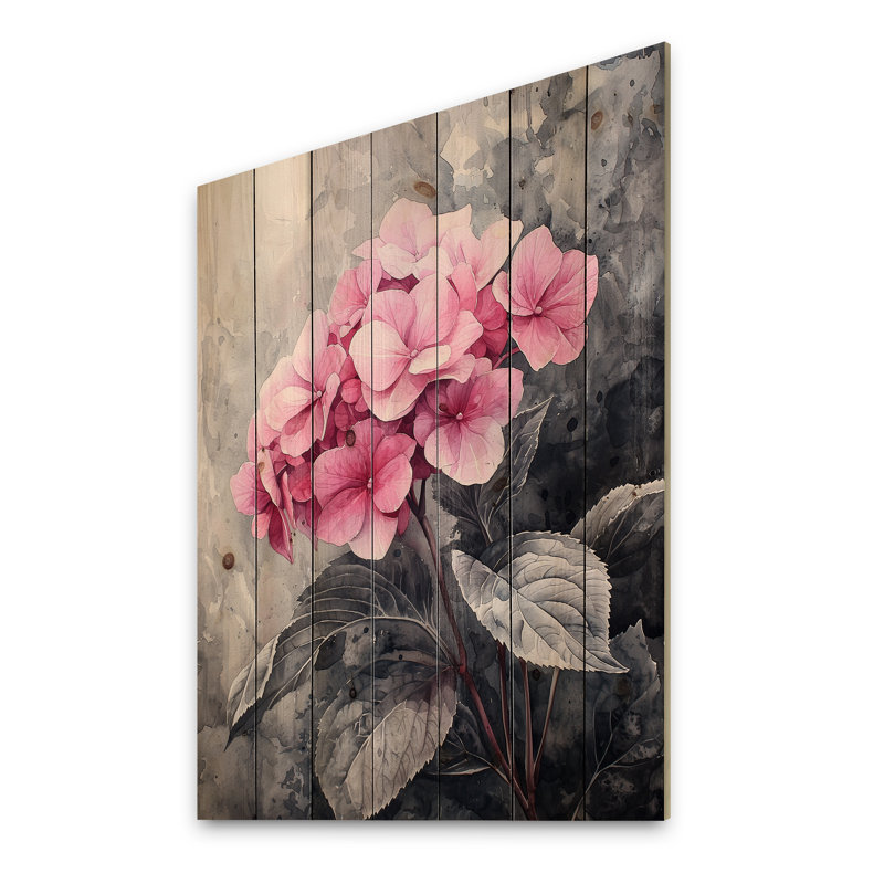 Soft Pink Hydrangea In Greyscale I - Hydrangea Wood Wall Art - On Natural Pine Wood, 20" H x 10" W x 0.78" D