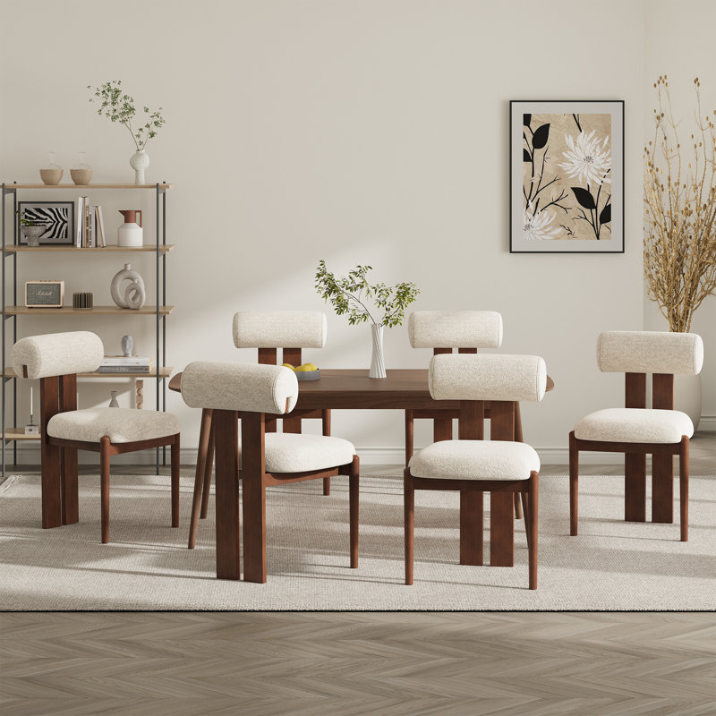 Modern Upholstered Dining Chairs with Rolled Back & Solid Wood Legs, Beige