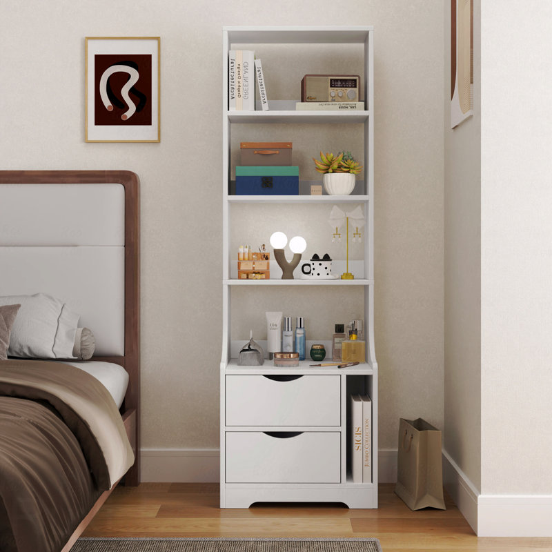 Table de chevet avec bibliothèque, table de chevet avec 2 tiroirs de rangement pour la chambre à coucher, Blanc