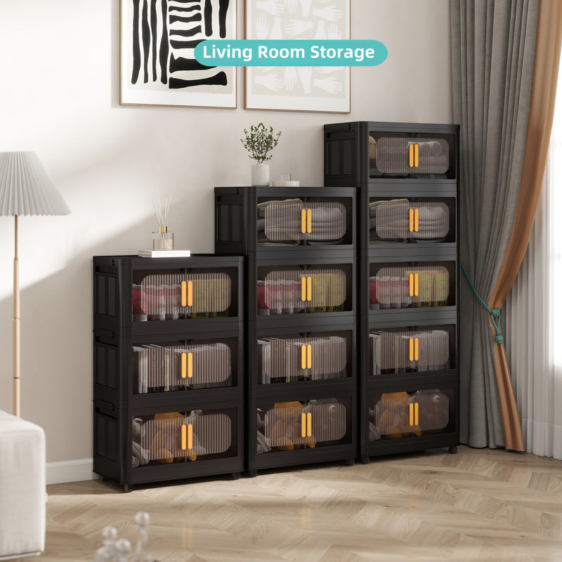 Black,20" Side Wide Folding Storage Cabinet ,4 Tiers,19.69"×11.81"×40.55",Collapsible Storage Bins With Magnetic Door, Plastic Storage Cabinet With Wheels