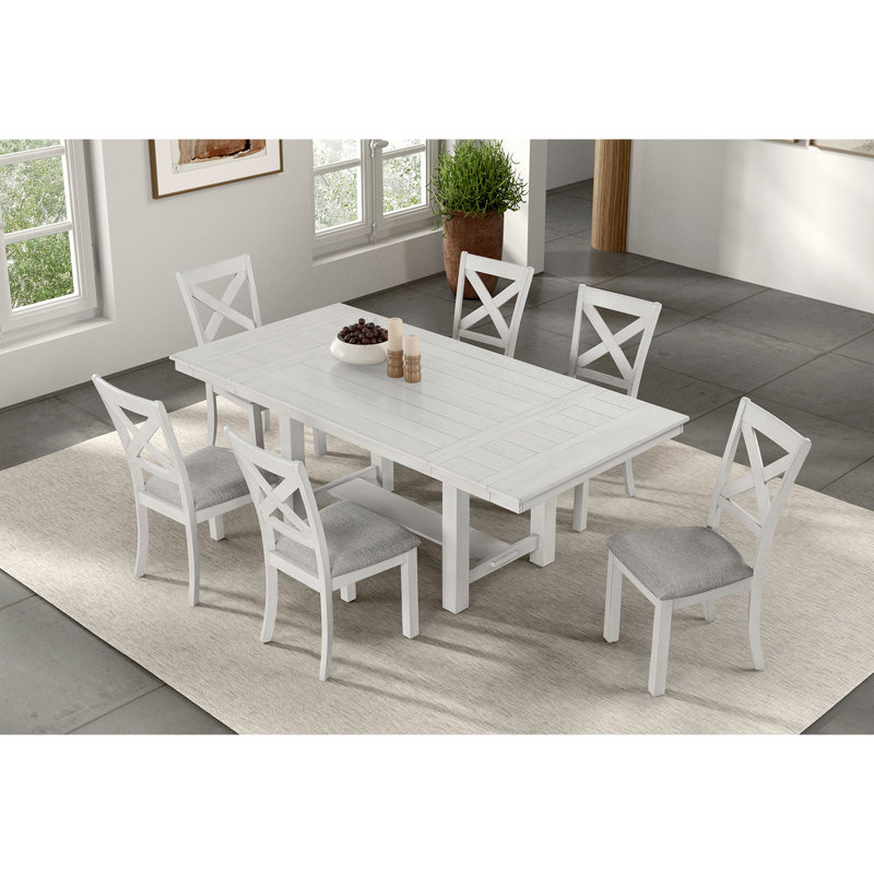 Table de salle à manger de style moderne en chêne blanc rustique avec planche de style tréteau, base, sièges 6