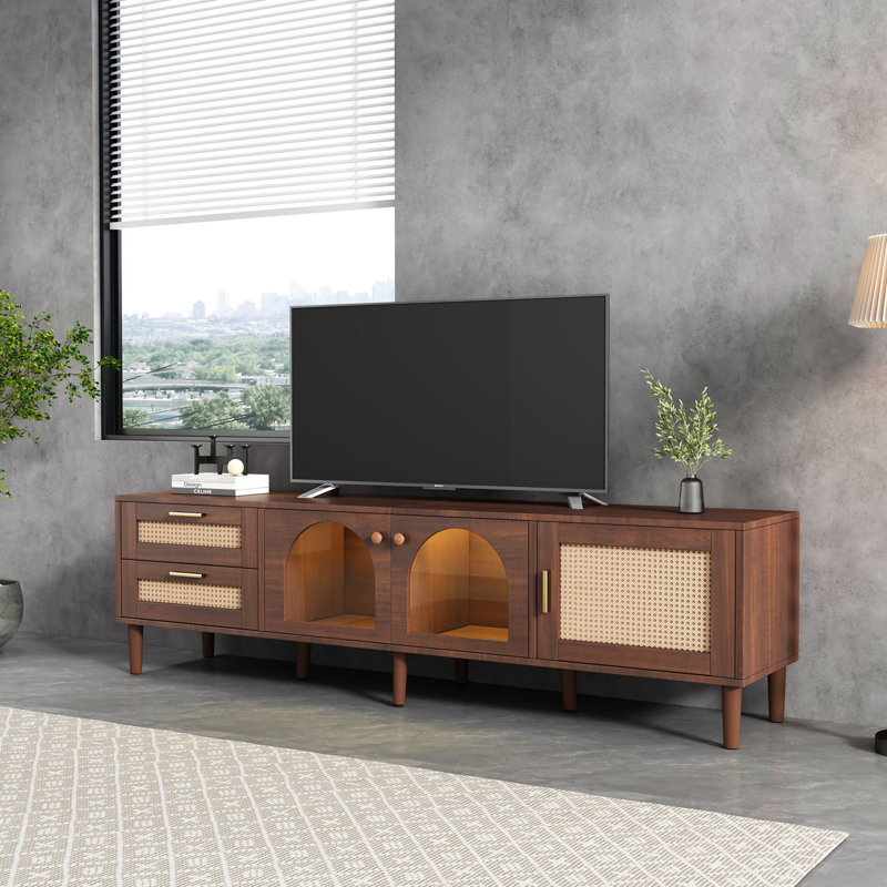 TV Stand with 3 Cabinets & 2 Drawers, Rattan-inspired Media Console Table for TVs up to 80'', Dark Brown