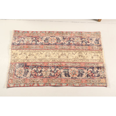 Small Vintage Turkish Rug in Beige Wool - Handmade Boho Style for Nursery or Bathroom