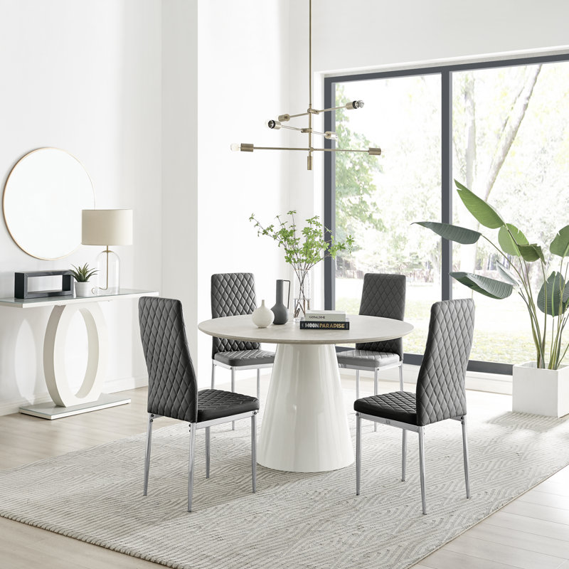 Statement 4 Person Round Dining Table Set in Luxury Beige Stone Effect - Faux Leather Dining Chairs, Black/Silver