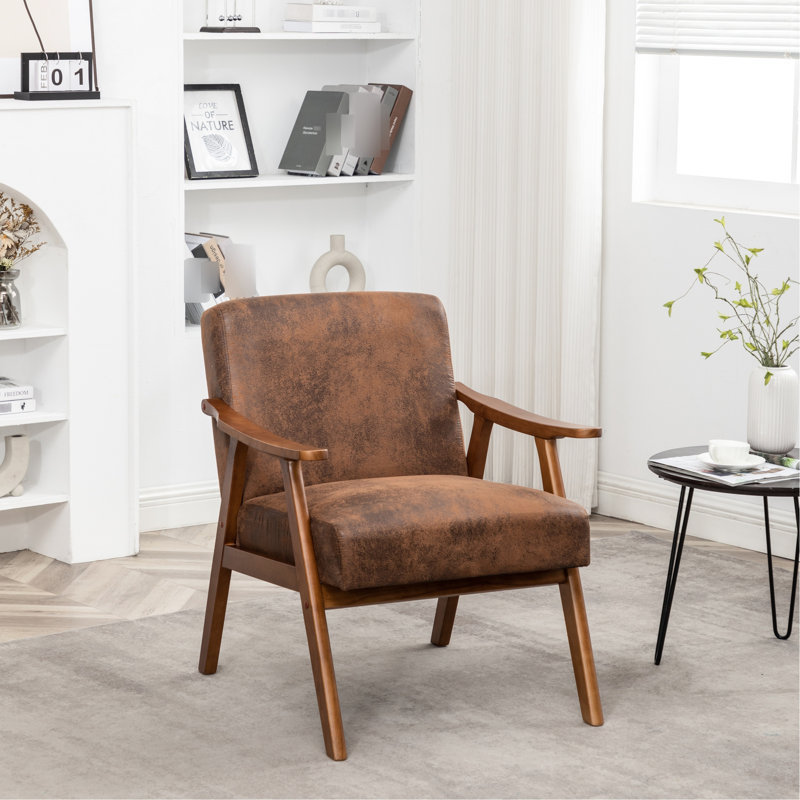 Fauteuil en bois massif recouvert de microfibre, style moderne du milieu du siècle, brun, pour un confort optimal. Fauteuil avec revêtement, moderne et élégant.