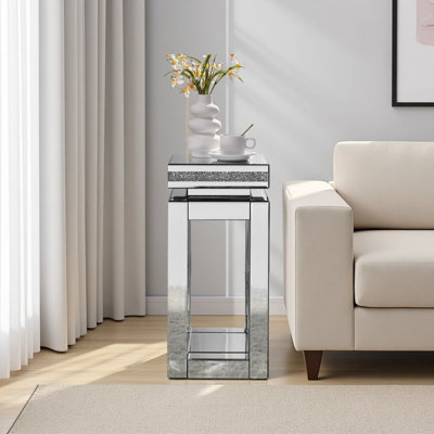 Mirrored End Table Square With Crystals Inlay, 2-Tier Modern Small Sofa Table With Storage, Silver Accent Table For Living Room, Bedroom, Coffee, And Small Spaces 11.8"D X 11.8"W X 26"H