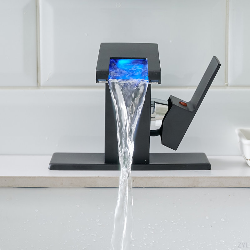Bathroom Sink Faucet LED Light 3 Colors Changing Waterfall Glass Spout Hot Cold Water Mixer Single Handle One Hole Deck Mounted Bathroom Faucet