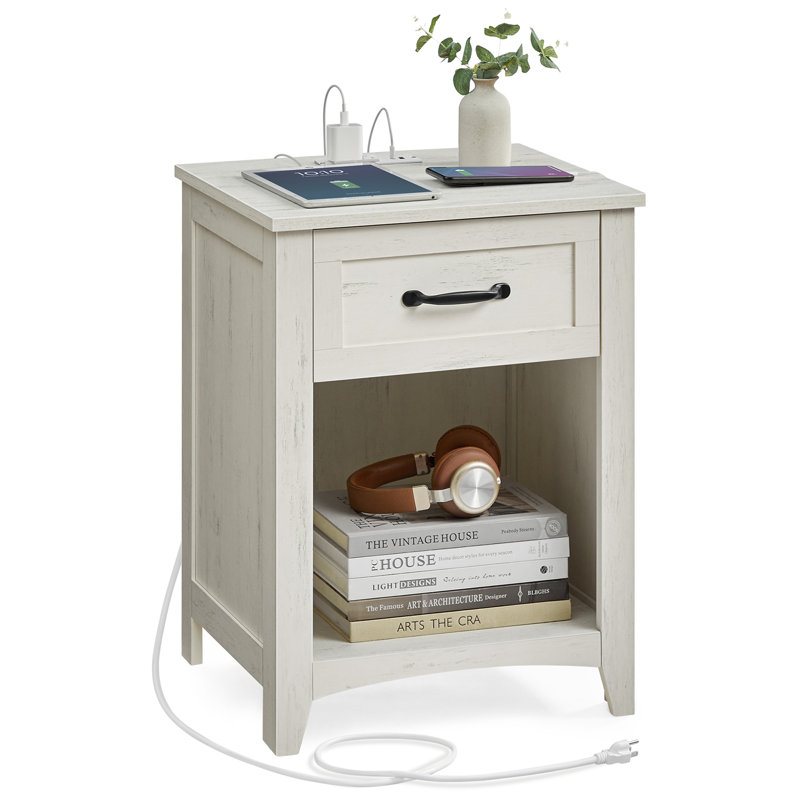 Allenside 18'' W Nightstand with Charging Station, Rustic White, Individual