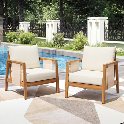 Fauteuil club d'extérieur, structure en bois d'acacia avec accents en textilène brun, coussins beiges hydrofuges pour patio / cour arrière / terrasse, L 31,5 po x l 31,5 po x H 31,5 po, bois d'acacia, textilène, tissu imperméable, 2 ...