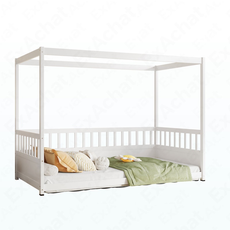 Twin Size Canopy Bed Frame With Guardrails For Kids,Floor Bed Twin With Four Poster Design,Kids Montessori Floor Bed,Wood Canopy Bed Frame For Girls,Boys(Twin,White)